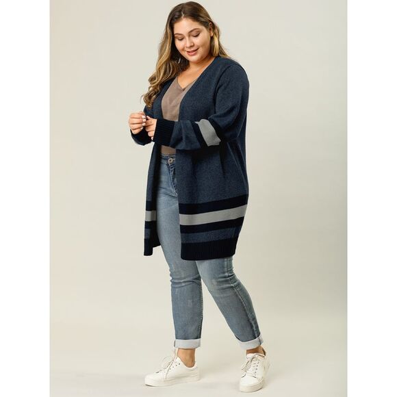 Plus Size Contrast Color Striped Open Front Sweater Cardigans Navy Blue - Picture 2 of 5